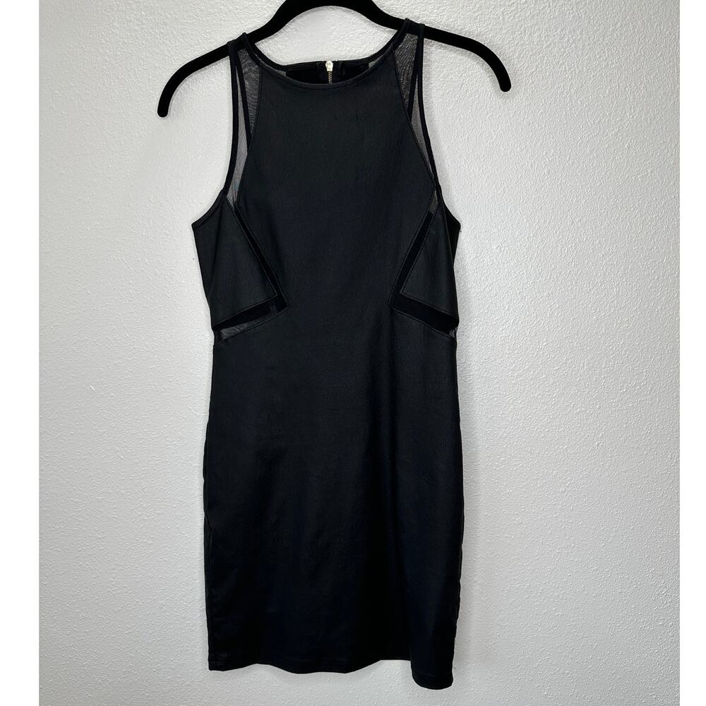 ANGL Black Stretch Faux Leather Mesh Cutouts High Neck Sleeveless Dress M